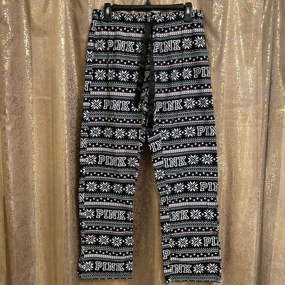 PINK Victorias Secret Black White Holiday Snowflake Pajama Pants, S NWT - Picture 1 of 6